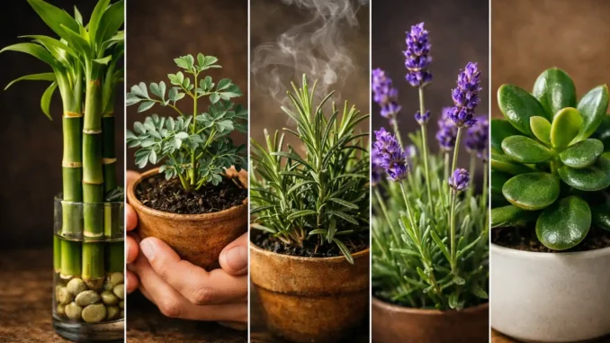 plantas buena energía hogar feng shui — bambú, ruda, romero, lavanda y jade en collage
