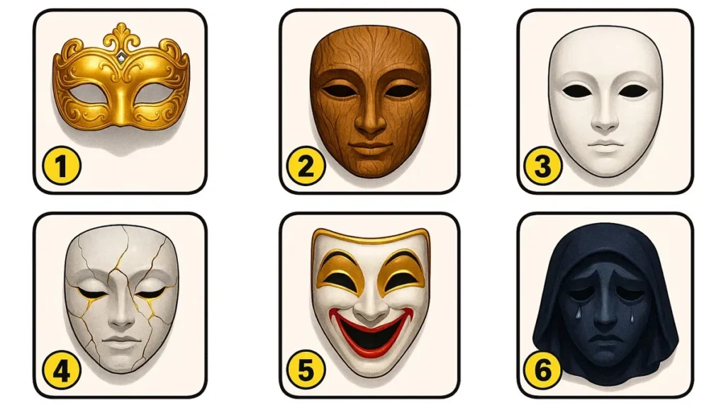 Test de personalidad con seis máscaras numeradas: máscara dorada ornamentada, máscara de madera natural, máscara blanca neutra, máscara agrietada, máscara sonriente teatral y máscara oscura melancólica para descubrir tu rol en 2026