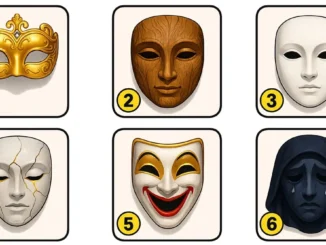 Test de personalidad con seis máscaras numeradas: máscara dorada ornamentada, máscara de madera natural, máscara blanca neutra, máscara agrietada, máscara sonriente teatral y máscara oscura melancólica para descubrir tu rol en 2026