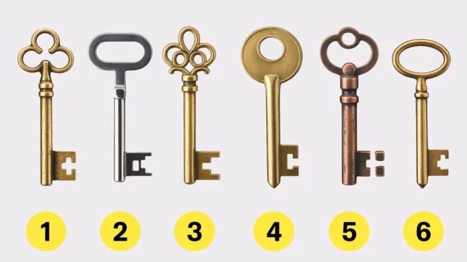 Seis llaves antiguas de diferentes metales y diseños (bronce, plata, cobre). Test de personalidad para elegir una llave y descubrir tu secreto oculto.