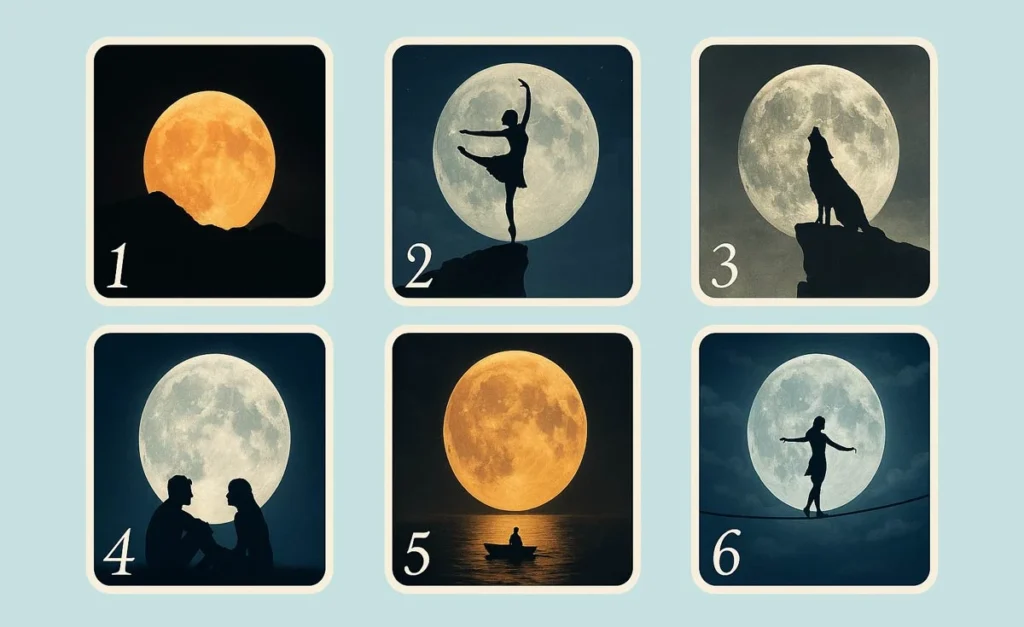 Seis imágenes de lunas llenas con diferentes siluetas: bailarina, lobo, pareja, bote. Test de personalidad visual para elegir la luna y descubrir tu estado emocional.)