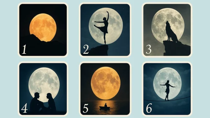 Seis imágenes de lunas llenas con diferentes siluetas: bailarina, lobo, pareja, bote. Test de personalidad visual para elegir la luna y descubrir tu estado emocional.)