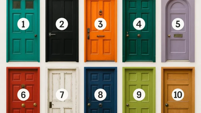 Diez puertas de diferentes colores y estilos (Negro, Rojo, Verde, Azul, Naranja, Blanco, Lavanda, Marrón). Test visual de personalidad para elegir una puerta y descubrir el cambio que se necesita.