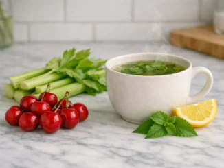 ácido úrico alto remedios caseros — cerezas, apio, taza de infusión y limón