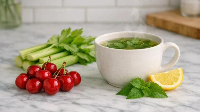 ácido úrico alto remedios caseros — cerezas, apio, taza de infusión y limón
