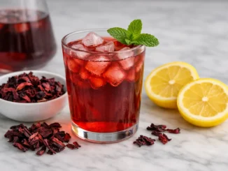 agua de jamaica beneficios receta — vaso rojo con hielo, menta, limón y flor de hibisco seca