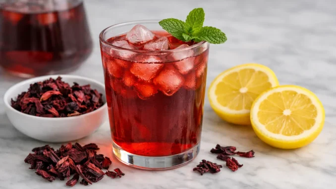 agua de jamaica beneficios receta — vaso rojo con hielo, menta, limón y flor de hibisco seca