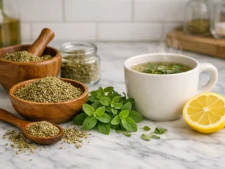 orégano para qué sirve remedios caseros — orégano seco, hojas frescas, taza de infusión y limón