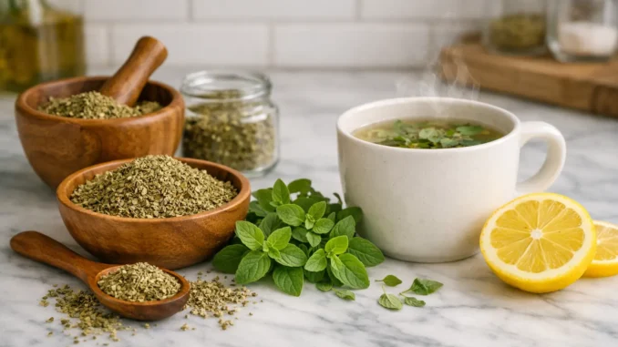orégano para qué sirve remedios caseros — orégano seco, hojas frescas, taza de infusión y limón