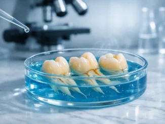 regenerar esmalte dental hidroxiapatita — dientes en placa de laboratorio con análisis científico
