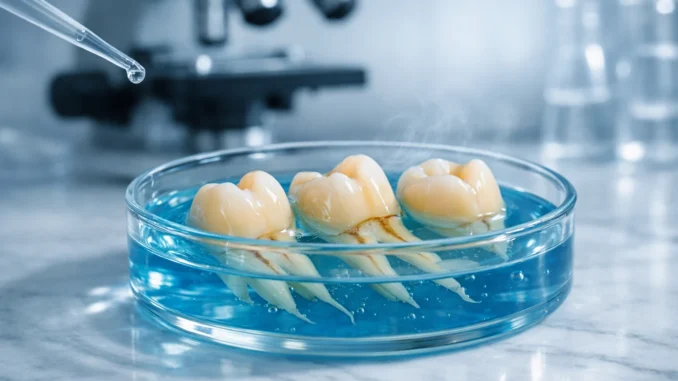 regenerar esmalte dental hidroxiapatita — dientes en placa de laboratorio con análisis científico