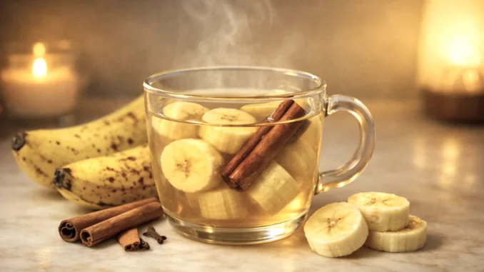 té de plátano con canela para dormir — taza con rodajas de plátano y ramas de canela