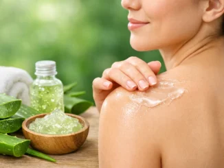 Mujer aplicando gel de aloe vera puro sobre la piel del hombro, con hojas de aloe vera frescas y un bowl de gel natural