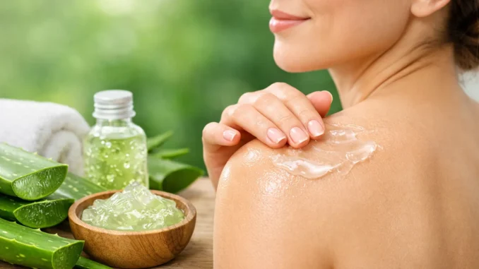 Mujer aplicando gel de aloe vera puro sobre la piel del hombro, con hojas de aloe vera frescas y un bowl de gel natural