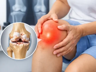 artrosis de rodilla síntomas tratamiento — persona sosteniendo rodilla inflamada con detalle anatómico del cartílago desgastado