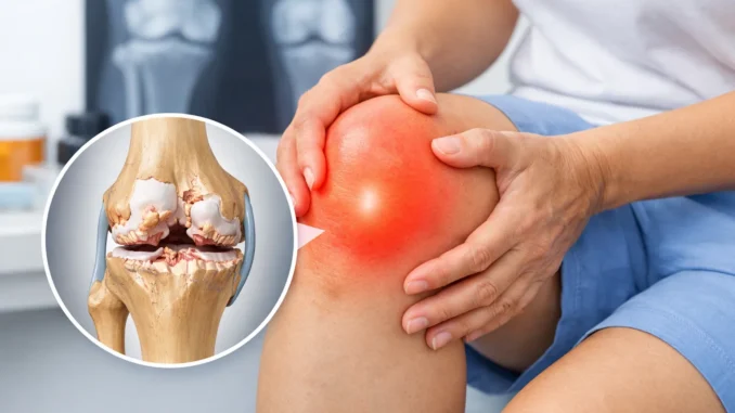artrosis de rodilla síntomas tratamiento — persona sosteniendo rodilla inflamada con detalle anatómico del cartílago desgastado