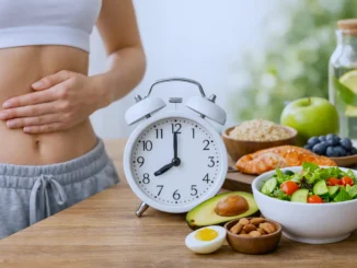 Reloj despertador, reloj de arena, plato vacío y botella de agua junto a una ensalada, representando la ventana de ayuno y de alimentación