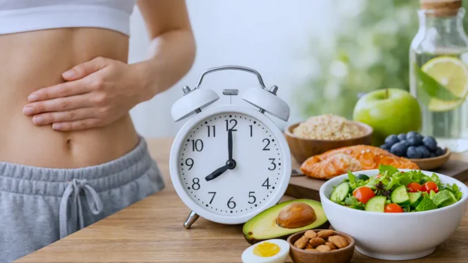 Reloj despertador, reloj de arena, plato vacío y botella de agua junto a una ensalada, representando la ventana de ayuno y de alimentación