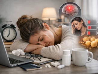 cansancio crónico causas remedios — mujer agotada sobre el escritorio con cerebro inflamado y batería descargada