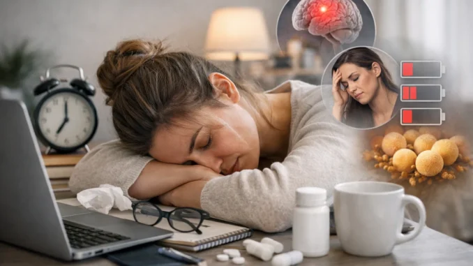 cansancio crónico causas remedios — mujer agotada sobre el escritorio con cerebro inflamado y batería descargada