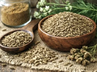 comino para qué sirve beneficios — semillas de comino en cuenco de madera y cuchara con planta de comino