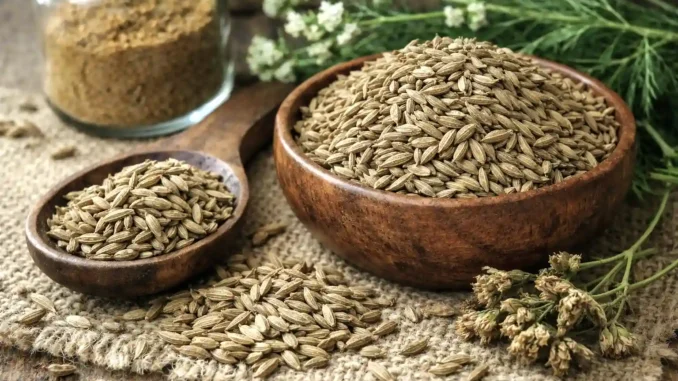comino para qué sirve beneficios — semillas de comino en cuenco de madera y cuchara con planta de comino