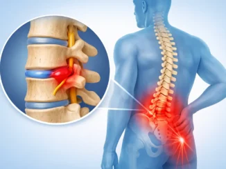 hernia de disco síntomas tratamiento — ilustración anatómica de disco herniado comprimiendo el nervio