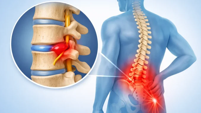 hernia de disco síntomas tratamiento — ilustración anatómica de disco herniado comprimiendo el nervio