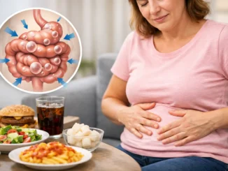 hinchazón abdominal causas remedios — mujer con dolor abdominal, comida ultraprocesada e intestino con gases