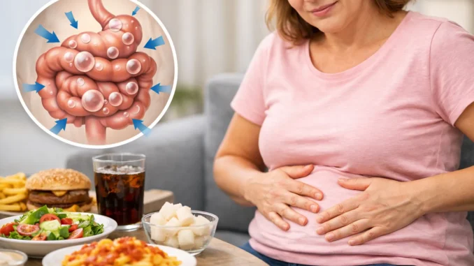 hinchazón abdominal causas remedios — mujer con dolor abdominal, comida ultraprocesada e intestino con gases