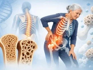 osteoporosis síntomas prevención tratamiento — mujer con dolor en cadera y comparativa de hueso sano vs. poroso