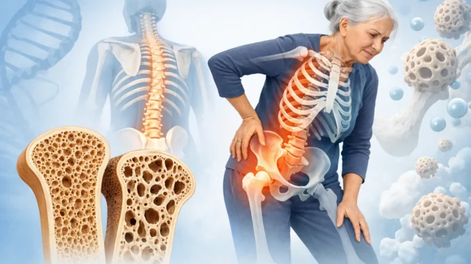 osteoporosis síntomas prevención tratamiento — mujer con dolor en cadera y comparativa de hueso sano vs. poroso