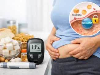 resistencia a la insulina síntomas tratamiento — glucómetro 135 mg/dL, grasa abdominal y diagrama glucosa-insulina