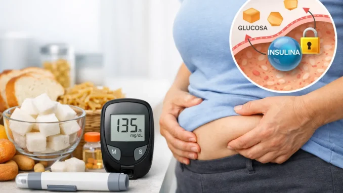 resistencia a la insulina síntomas tratamiento — glucómetro 135 mg/dL, grasa abdominal y diagrama glucosa-insulina