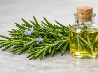 Ramas frescas de romero con flores junto a un frasco de aceite esencial de romero sobre una superficie de mármol