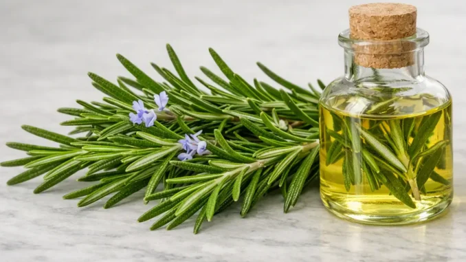 Ramas frescas de romero con flores junto a un frasco de aceite esencial de romero sobre una superficie de mármol