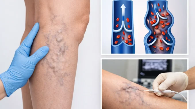 Piernas con varices visibles, diagrama de válvulas venosas sanas y dañadas, y procedimiento médico de tratamiento de varices