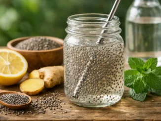 Frasco de agua de chía con limón y jengibre, semillas de chía y botella de agua sobre mesa de madera