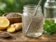 Frasco de agua de chía con limón y jengibre, semillas de chía y botella de agua sobre mesa de madera