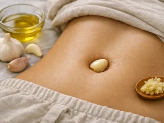 Diente de ajo colocado sobre el ombligo con aceite, junto a bulbo de ajo, dientes sueltos y aceite de oliva
