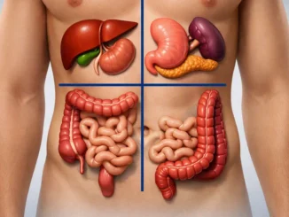 Diagrama de los 4 cuadrantes abdominales con los órganos de cada zona: hígado y vesícula, estómago y páncreas, e intestinos