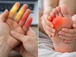 Mano con dedos resaltados en tonos amarillo y rojo indicando hormigueo, junto a un pie con la planta resaltada en rojo
