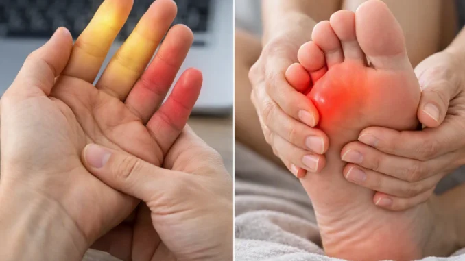 Mano con dedos resaltados en tonos amarillo y rojo indicando hormigueo, junto a un pie con la planta resaltada en rojo