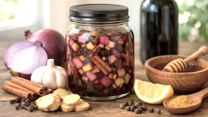 Frasco con jarabe de cebolla morada, ajo, canela y especias macerando en vino tinto, junto a los ingredientes de la receta