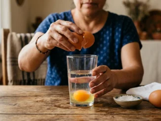 Mujer rompiendo un huevo en un vaso con agua sobre una mesa de madera, ritual tradicional de limpia energética