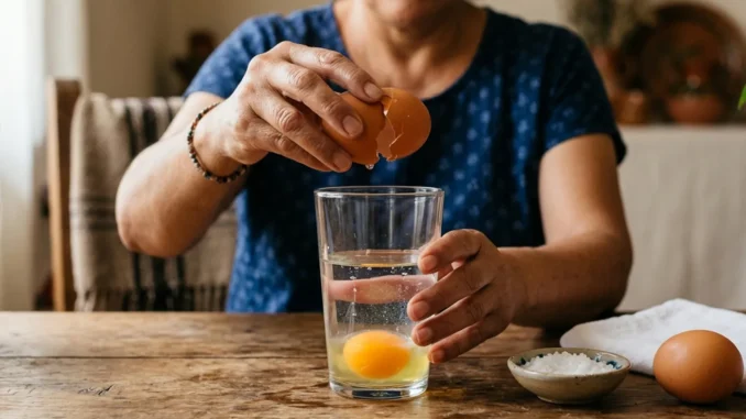 Mujer rompiendo un huevo en un vaso con agua sobre una mesa de madera, ritual tradicional de limpia energética