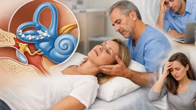 Diagrama del oído interno con cristales sueltos, médico realizando la maniobra de Epley en una paciente, y personas con mareo o dolor de cabeza