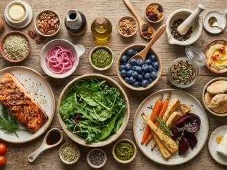 Mesa con salmón, ensalada de hojas verdes, verduras asadas, arándanos, hummus, frutos secos y aceite de oliva, representando las mejores dietas según la ciencia
