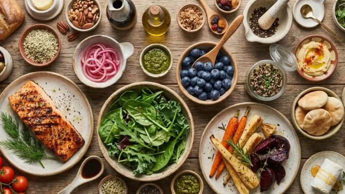 Mesa con salmón, ensalada de hojas verdes, verduras asadas, arándanos, hummus, frutos secos y aceite de oliva, representando las mejores dietas según la ciencia