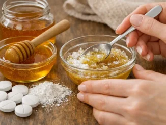 Aspirinas trituradas mezclándose con miel en un bowl de vidrio, preparando una mascarilla facial casera